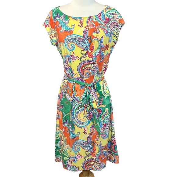 LAUREN RALPH LAUREN Multicolor Paisley Knit‎ Belted Sheath Dress size Medium - Picture 1 of 13